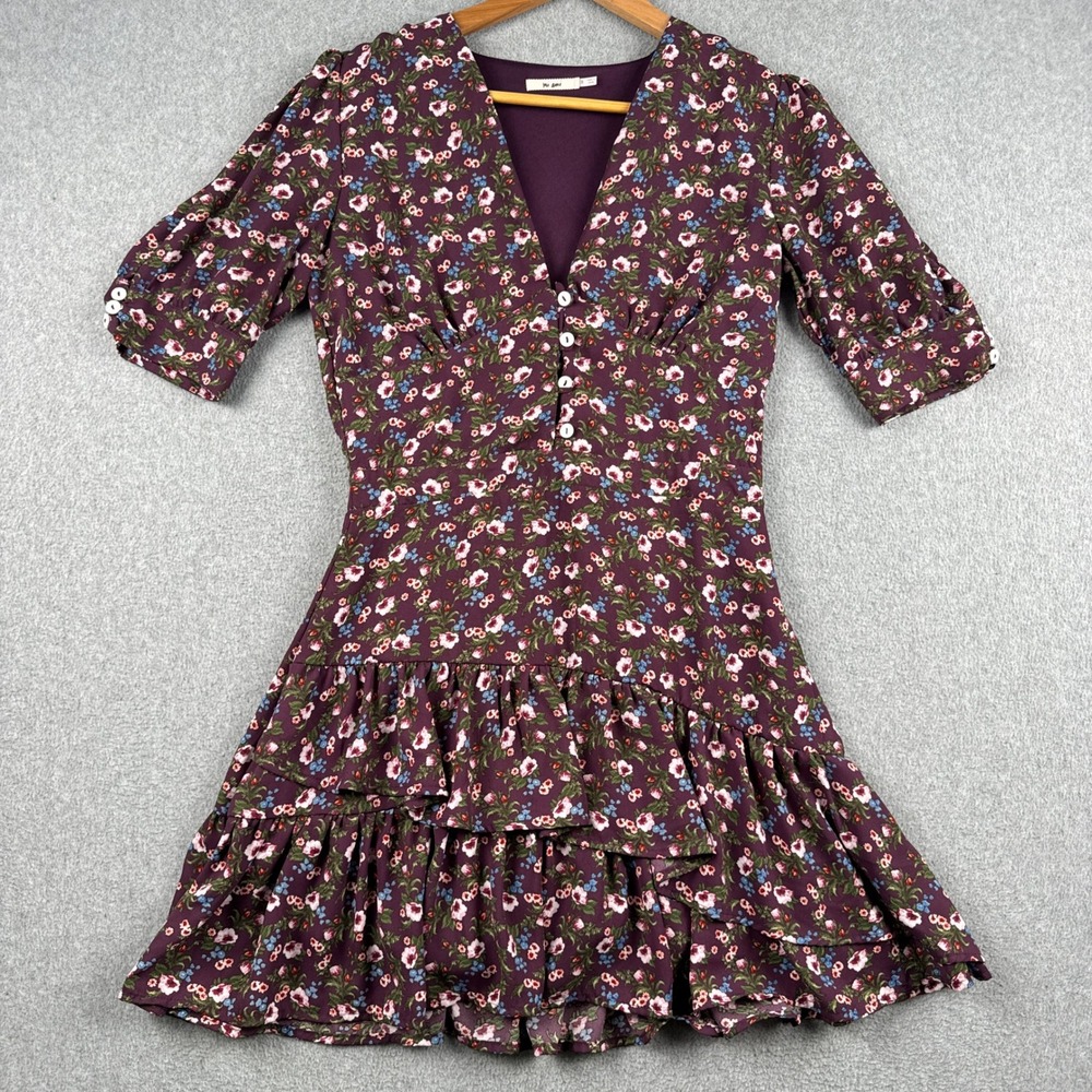 Mi Ami Dress Womens Small Mabel R44 Burgundy Purple Floral Tiered Ruffle Short